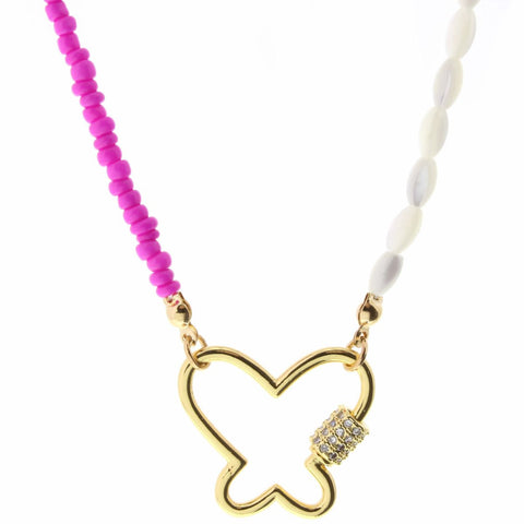 KIDS HALF HOT PINK, HALF PEARL WITH BUTTERFLY CARABINER NECKLACE