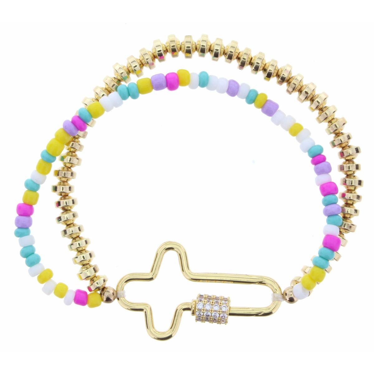 KIDS MULTI & GOLD 2 STRAND STRETCH WITH CROSS CARABINER BRACELET