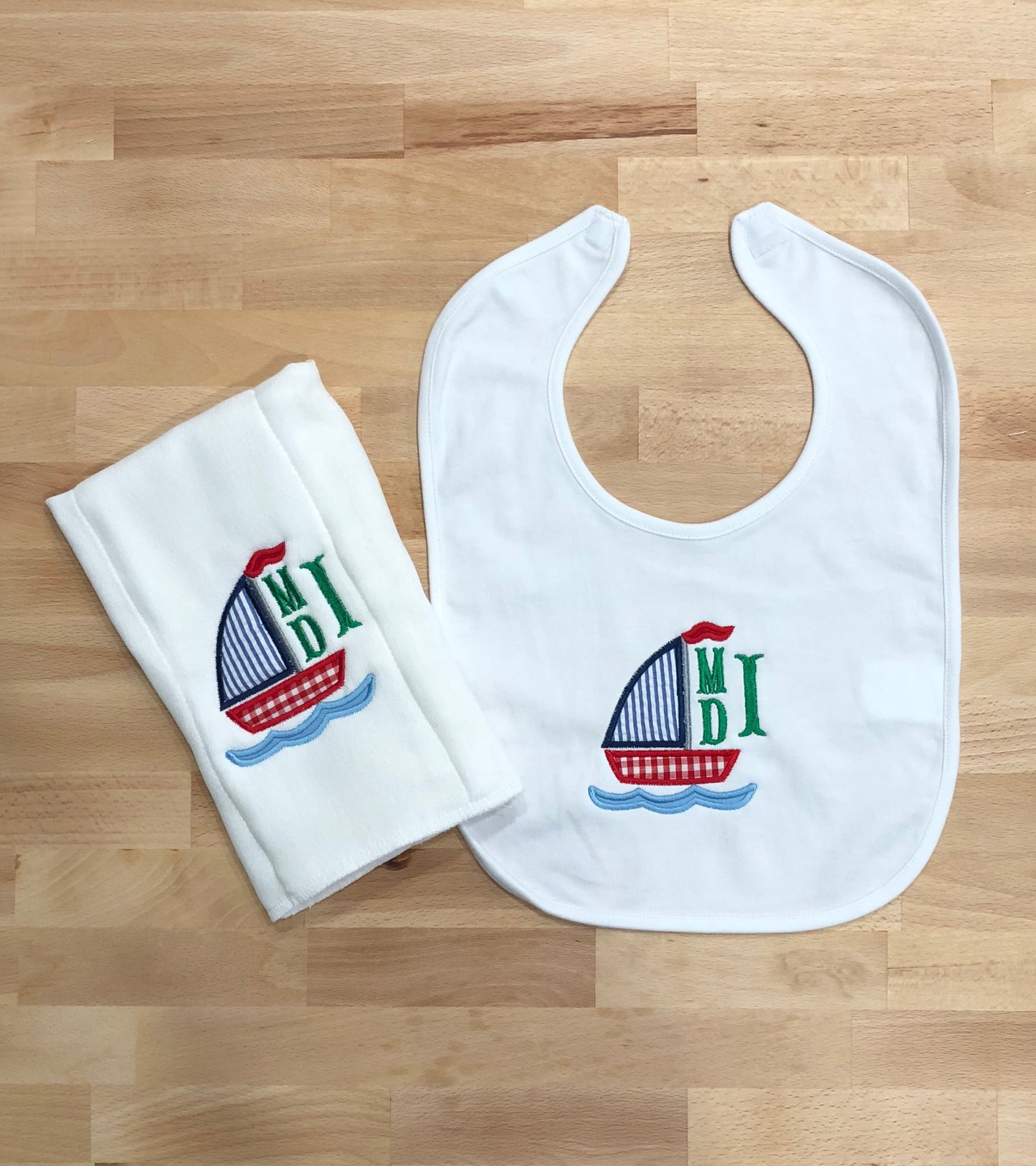 Sailboat Bib and Burp Cloth Set