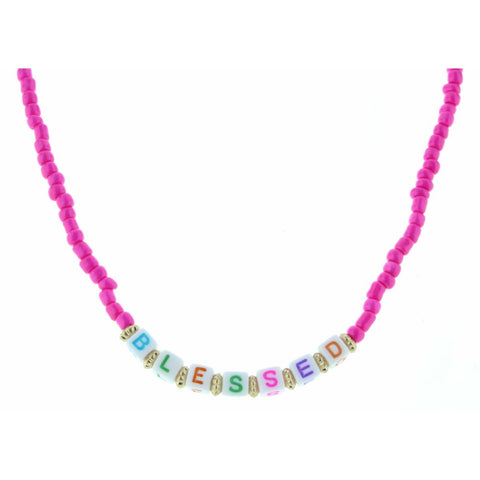 KIDS 14" BLOCK LETTERED "BLESSED" HOT PINK BEADED NECKLACE
