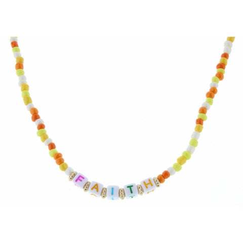 KIDS 14" BLOCK LETTERED " FAITH" YELLOW, HOT PINK, TQ BEADED NECKLACE