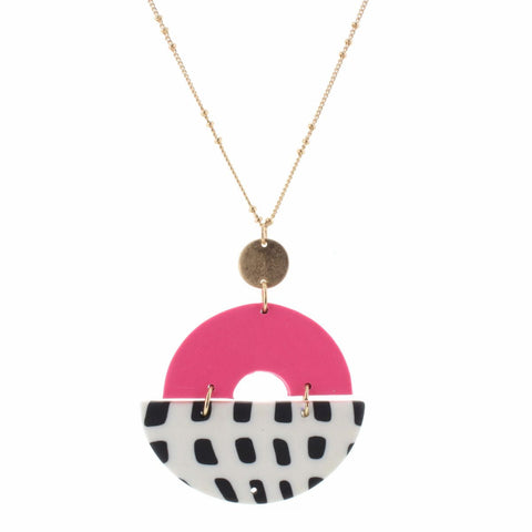 POLYMER CLAY HOT PINK ARCH WITH WHITE HALF CIRCLE WITH BLACK DOTS NECKLACE