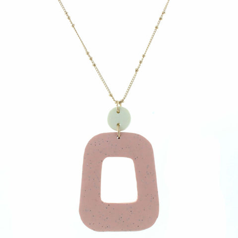 POLYMER CLAY OFF WHITE CIRCLE WITH MUTED PINK SPECKLED OPEN RECTANGLE NECKLACE