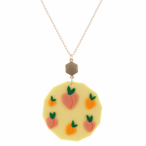 POLYMER CLAY YELLOW SIDED CIRCLE WITH PEACHES NECKLACE