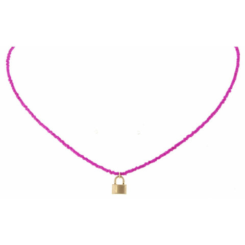 HOT PINK SEED BEAD WITH LOCK CHARM NECKLACE