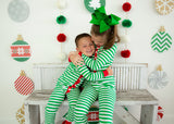 Christmas One Piece Jammies Pajama Flap Green Stripe Print Kids and Adults