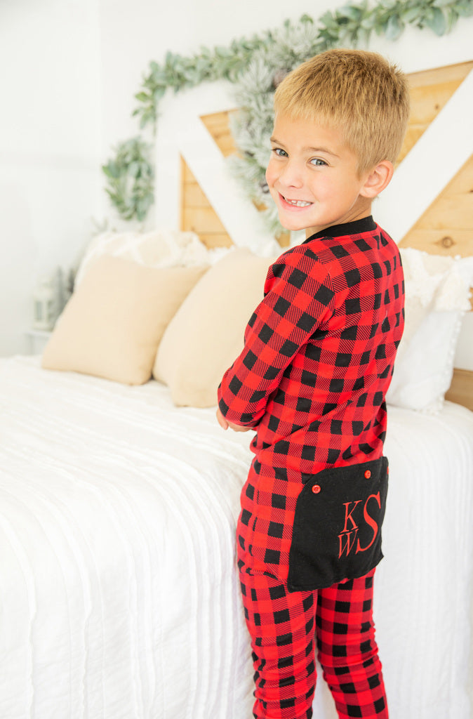 Christmas One Piece Jammies Pajama Flap Red Black Buffalo Plaid Kids and Adults