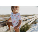 Oopsie Daisy Gray and Pink flower Ruffle Rash Guard