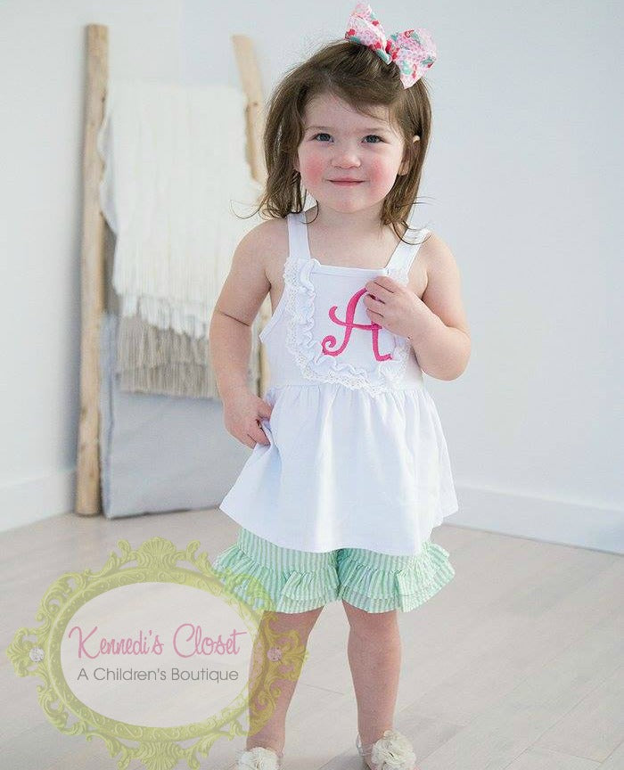 Girls bib tank with lace trim- white or light pink