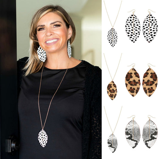 Animal Print Feather Necklace and Earrings